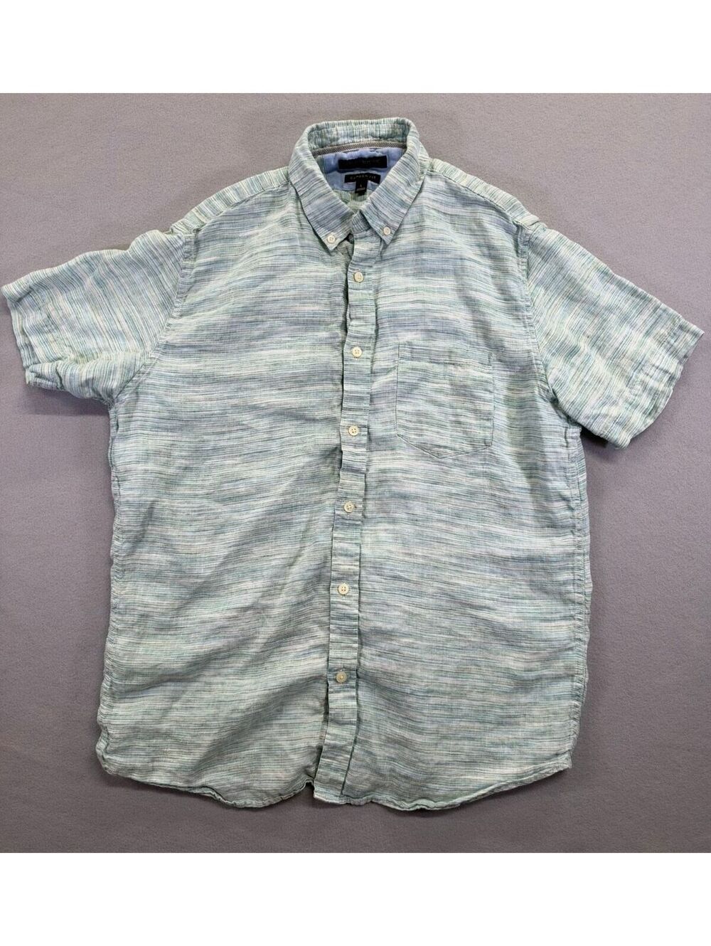 Banana Republic Camden Fit Shirt Mens L Linen Green Blue Stripe Short Sleeve